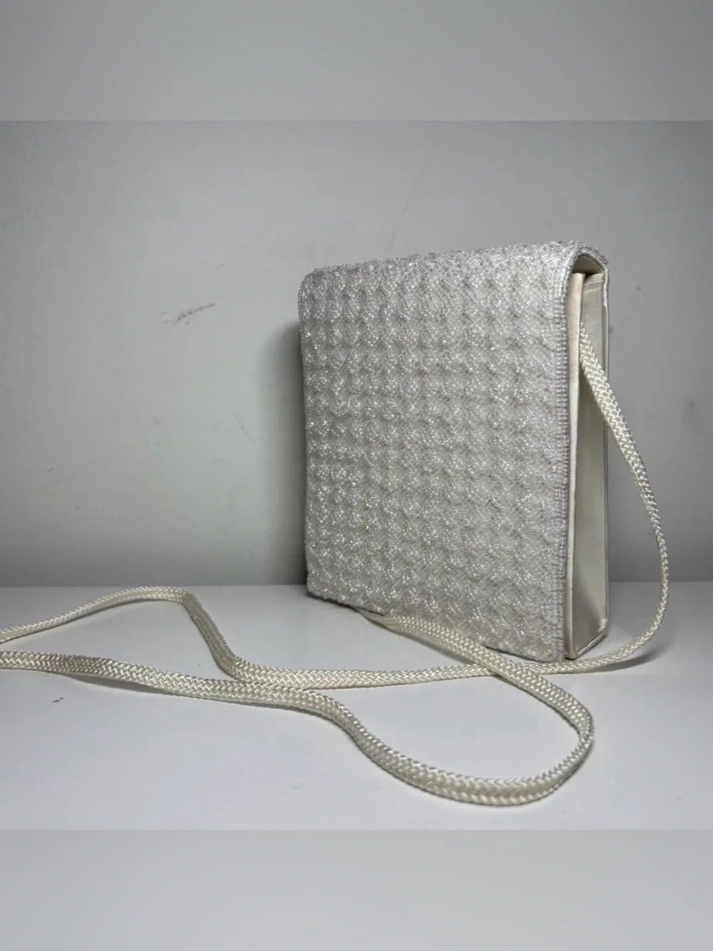 Vintage White Satin and Beaded Square Formal Shoulder Bag